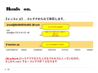 Hands on.
【レッスン3】 dockerプロセスの確認。
別ターミナルを上げてSSHで入って、以下のコマンドを打ってください。
その際、ログインしているコンテナから出ないこと。
一意なID イメージ名 実行CMD 作られた時 ステータス 指定しないと
適当な名前
コンテナがひとつ立ち上がっているのが確認できます。
# docker ps
CONTAINER ID IMAGE COMMAND CREATED STATUS PORTS NAMES
b5a30e66a89b centos:centos6 "/bin/bash" 15 seconds ago Up 14 seconds suspicious_mcclintock
82
 