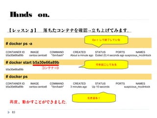 【レッスン4】 コンテナから出て確認します。
Hands on.
[root@6b484935c662 /]# exit
exit
[root@ip-172-31-8-137 ~]#
/bin/bashというアプリを立ち上げるプロセスに入っていたので、
そこからexitする＝コンテナ終了となります。
コンテナから出ます
EC2インスタンス(ホストOS)に
戻ります
# docker ps
CONTAINER ID IMAGE COMMAND CREATED STATUS PORTS NAMES
コンテナは消えています。
83
 