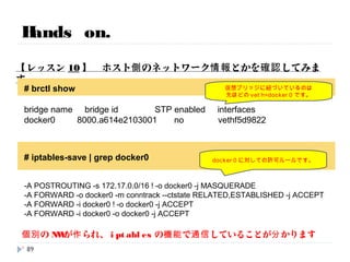 Hands on.
【レッスン9】 ホストのIPアドレスとかを確認してみます。
# ip a
3: docker0: <BROADCAST,MULTICAST,UP,LOWER_UP> -snip- state UNKNOWN
link/ether a6:14:e2:10:30:01 brd ff:ff:ff:ff:ff:ff
inet 172.17.42.1/16 scope global docker0
inet6 fe80::ec3b:bdff:fea7:8629/64 scope link
valid_lft forever preferred_lft forever
9: vethf5d9822: <BROADCAST,UP,LOWER_UP> mtu 9001 qdisc noqueue state UP
link/ether a6:14:e2:10:30:01 brd ff:ff:ff:ff:ff:ff
inet6 fe80::a414:e2ff:fe10:3001/64 scope link
valid_lft forever preferred_lft forever
docker0 というインターフェイスがあります。
veth xxx というインターフェイスがあります。
docker0 と veth は同じmacアドレスになっています。
89
 