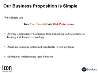 Our Business Proposition is Simple
We will help you
Turn Your Potential into High Performance
 Offering Comprehensive Solutions, from Consulting to Assessments, to
Training and Executive Coaching
 Designing Solutions customized specifically to your company
 Helping you implementing these Solutions
 