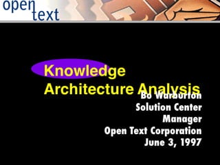 Knowledge
Architecture AnalysisBo Warburton
Solution Center
Manager
Open Text Corporation
June 3, 1997
 