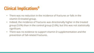 Clinical Implications9
• There was no reduction in the incidence of fractures or falls in the
vitamin D-treated group.
• Indeed, the incidence of fractures was directionally higher in the treated
group (3.6%) than in the control group (2.6%), but this was not statistically
significant.
• There was no evidence to support vitamin D supplementation and the
prevention of fall-related fractures.
 