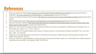 References
1. National Institutes of Health https://ods.od.nih.gov/factsheets/VitaminD-HealthProfessional/#en1(Accessed 2016 April 5)
2. GlobalRPh http://www.globalrph.com/2008/vitamin_d_synthesis.gif(Accessed 2016 April 5)
3. Centers for Disease Control and Prevention http://www.cdc.gov/homeandrecreationalsafety/falls/adultfalls.html(Accessed 2016
April 5)
4. World Health Organization http://www.who.int/healthinfo/survey/ageingdefnolder/en/(Accessed 2016 April 5)
5. Eldercare Workforce Alliance http://www.eldercareworkforce.org/research/issue-briefs/research:america-solution-jobs-crisis-
better-care-for-older-adults/(Accessed 2016 April 2016 5)
6. Meyer et al. Can Vitamin D Supplementation Reduce the Risk of Fracture in the Elderly? A Randomized Controlled Trial. JJ
Bone Miner Res. 2002. Vol 17, Num 4: 709-15.
7. Lips et al. Vitamin D Supplementation and Fracture in Elderly Persons: A Randomized, Placebo-Controlled Trial. Ann Intern
Med. 1996. 124: 400-406
8. Sanders et al. Annual High-Dose Oral Vitamin D and Falls and Fractures in Older Women A Randomized Controlled Trial.
JAMA. 2010; 303(18): 1815-22
9. Law et al. Vitamin D supplementation and the prevention of fractures and falls: results of a randomised trial in elderly people in
residential accommodation. Age Ageing. 2006; 35: 482-486
 