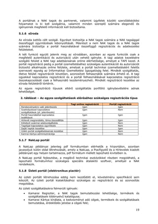 19
A portálnak a NAK tagok és partnerek, valamint ügyfelek közötti szerződéskötési
folyamatot is ki kell szolgálnia, valamint minden szereplő számára elegendő és
igényeinek megfelelő információt kell biztosítania.
5.1.6 eIroda
Az eIroda kettős célt szolgál. Egyrészt biztosítja a NAK tagok számára a NAK tagsággal
összefüggő ügyintézések lebonyolítását. Másrészt a nem NAK tagok és a NAK tagok
számára biztosítja a portál használatával összefüggő regisztrációs és adatkezelési
felületeket.
A két funkció együtt jelenik meg az eIrodában, azonban az egyes funkciók csak a
megfelelő autentikáció és autorizáció után vehető igénybe. A tagi adatok kezelésére
szolgáló felület a NAK tagi adatbázisának online elérhetősége, amelyet a TAPI kezel. A
portál regisztráció pedig a portál üzemeltetéséhez szükséges autentikációt és autorizációt
biztosító alkalmazás online felülete, amelyet a portál technikai üzemeltetéséért felelős
szervezeti egység az Informatikai Üzemeltetési Igazgatóság felel. Mindkét szolgáltatás,
illetve felület regisztrációt követően, azonosított felhasználók számára érhető el. A tagi
ügyekkel kapcsolatos regisztráció és a portál felhasználásával kapcsolatos regisztráció
összekapcsolását csak a felhasználó kezdeményezheti. Mindkét regisztráció kezelése az
eIroda felületéről történik.
Az egyes regisztráció típusok eltérő szolgáltatás portfólió igénybevételére adnak
lehetőséget.
2. táblázat – Az egyes szolgáltatások eléréséhez szükséges regisztrációs típus
Tagi online regisztráció Portál regisztráció
Rendezvényekre való jelentkezés Igen Igen
Szakképzéssel kapcsolatos
szolgáltatások (pl. jelentkezés)
Igen Nem
Portál használattal kapcsolatos
beállítások
Igen Igen
Hírlevél megrendelés, téma összeállítás Igen Igen
Kötelező szakmai adatszolgáltatás Igen Nem
Tagdíjjal kapcsolatos ügyintézés Igen Nem
Saját naptár kezelése Igen Igen
Üzleti portál szolgáltatásainak kezelése Igen Nem
Kamrai Kártya adminisztrációja Igen Nem
5.1.7 NakLap portál
A NakLap példányai jelenleg pdf formátumban elérhetők a hírportálon, azonban
javasoljuk külön oldal létrehozását, amely a NakLap, a Piacfigyelő és a Hírlevelek kiadott
példányait egy helyen tartalmazza, pdf formátum mellett lapozható kivitelben is.
A NakLap portál fejlesztése, a meglévő technikai eszközökkel részben megoldható, a
lapozható formátumhoz szükséges speciális átalakító szoftver, amellyel a NAK
rendelkezik.
5.1.8 Üzleti portál (elektronikus piactér)
Az üzleti portált létrehozása eddig nem kezdődött el, követelmény specifikáció sem
készült. Az üzleti portál kialakításához szükséges az regisztráció és az azonosítás
megoldása.
Az üzleti szolgáltatásokra felmerült igények:
• Kamarai Regiszter, a NAK tagok bemutatkozási lehetősége, termékeik és
szolgáltatásaik többnyelvű katalógusa;
• Kamarai Kártya kínálata, a kedvezményt adó cégek, termékeik és szolgáltatásaik
bemutatása, érdeklődés jelzése a cégek felé;
 