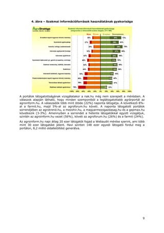 9
4. ábra – Szakmai információforrások használatának gyakorisága
A portálok látogatottságának vizsgálatakor a nak.hu még nem szerepelt a mérésben. A
válaszok alapján látható, hogy minden szempontból a leglátogatottabb agrárportál az
agroinform.hu. A válaszadók több mint ötöde (22%) naponta látogatja. A következő 8%-
al a farmit.hu, majd 5%-al az agroforum.hu követi. A naponta látogatott portálok
sorrendjében az agrotrend.hu, a mezohir.hu, a magyarmezogazdasag.hu és a gepmax.hu
következik (3-3%). Amennyiben a sorrendet a hetente látogatókkal együtt vizsgáljuk,
szintén az agroinform.hu vezet (56%), követi az agroforum.hu (26%) és a farmit (24%).
Az agroinform.hu napi átlag 20 ezer látogatót fogad a Webaudit mérése szerint, ami több
mint 30 ezer látogatást jelent. Havi szinten 148 ezer egyedi látogató fordul meg a
portálon, 8,2 millió oldalletöltést generálva.
 