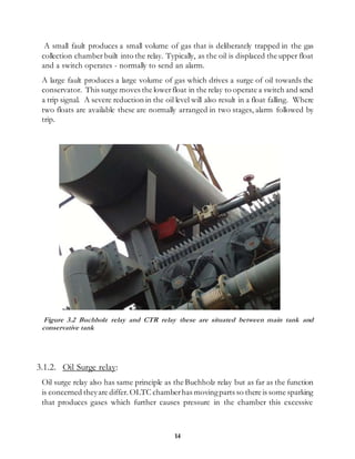 14
A small fault produces a small volume of gas that is deliberately trapped in the gas
collection chamber built into the relay. Typically, as the oil is displaced the upper float
and a switch operates - normally to send an alarm.
A large fault produces a large volume of gas which drives a surge of oil towards the
conservator. This surge moves the lowerfloat in the relay to operate a switch and send
a trip signal. A severe reduction in the oil level will also result in a float falling. Where
two floats are available these are normally arranged in two stages, alarm followed by
trip.
Figure 3.2 Buchholz relay and CTR relay these are situated between main tank and
conservative tank
3.1.2. Oil Surge relay:
Oil surge relay also has same principle as the Buchholz relay but as far as the function
is concerned theyare differ.OLTC chamberhas movingparts so there is some sparking
that produces gases which further causes pressure in the chamber this excessive
 