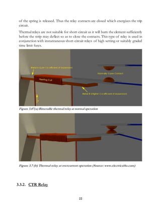 22
of the spring is released. Thus the relay contacts are closed which energizes the trip
circuit.
Thermal relays are not suitable for short-circuit as it will burn the element sufficiently
before the strip may deflect so as to close the contacts. This type of relay is used in
conjunction with instantaneous short-circuit relays of high setting or suitably graded
time limit fuses.
Figure 3.7 (b) Thermal relay at overcurrent operation (Source: www.electrical4u.com)
3.3.2. CTR Relay
Figure 3.87(a) Bimetallic thermal relayat normal operation
 