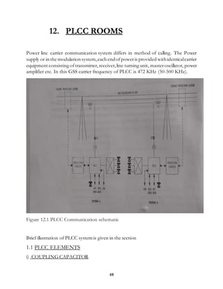 48
12. PLCC ROOMS
Power line carrier communication system differs in method of calling. The Power
supply or in the modulation system,each endofpoweris provided withidenticalcarrier
equipment consisting oftransmitter, receiver,line turning unit, masteroscillator, power
amplifier etc. In this GSS carrier frequency of PLCC is 472 KHz (50-500 KHz).
Figure 12.1 PLCC Communication schematic
Brief illustration of PLCC system is given in the section
1.1 PLCC ELEMENTS
i) COUPLING CAPACITOR
 