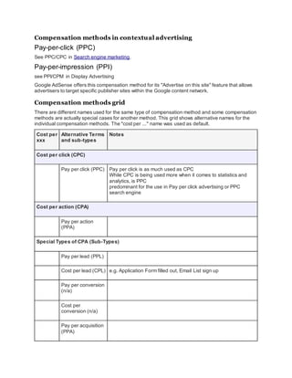 Compensation methods in contextual advertising
Pay-per-click (PPC)
See PPC/CPC in Search engine marketing.
Pay-per-impression (PPI)
see PPI/CPM in Display Advertising
Google AdSense offers this compensation method for its "Advertise on this site" feature that allows
advertisers to target specific publisher sites within the Google content network.
Compensation methods grid
There are different names used for the same type of compensation method and some compensation
methods are actually special cases for another method. This grid shows alternative names for the
individual compensation methods. The "cost per ..." name was used as default.
Cost per
xxx
Alternative Terms
and sub-types
Notes
Cost per click (CPC)
Pay per click (PPC) Pay per click is as much used as CPC
While CPC is being used more when it comes to statistics and
analytics, is PPC
predominant for the use in Pay per click advertising or PPC
search engine
Cost per action (CPA)
Pay per action
(PPA)
Special Types of CPA (Sub-Types)
Pay per lead (PPL)
Cost per lead (CPL) e.g. Application Form filled out, Email List sign up
Pay per conversion
(n/a)
Cost per
conversion (n/a)
Pay per acquisition
(PPA)
 