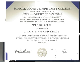 TY COMM1
sR THE SUPERVISI
VERSITY OF
MMENDATION 01
F THE AUTHORIT
THE COLLEGE HAv t LUNITÄKKED UN
MARY LOU ZOBEL
THEDEGREE OF
ASSOCIATE IN APPLIED SCIENCE
AND HAVE GRANTED THIS DIPLOMA AS EVIDENCE THEREOF
GIVEN IN THE COUNTY OF SUFFOLK IN THE STATE OF NEW YORK
IN THE UNITED STATES OF AMERICA
I
,A
A
PireaC/3
14
 