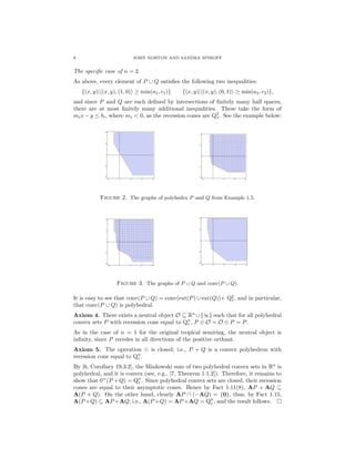 8 JOHN NORTON AND SANDRA SPIROFF
The speciﬁc case of n = 2.
As above, every element of P ∪ Q satisﬁes the following two inequalities:
{(x, y)| (x, y), (1, 0) ≥ min(a1, c1)} {(x, y)| (x, y), (0, 1) ≥ min(a2, c2)},
and since P and Q are each deﬁned by intersections of ﬁnitely many half spaces,
there are at most ﬁnitely many additional inequalities. These take the form of
mix − y ≤ bi, where mi < 0, as the recession cones are Q2
1. See the example below:
Figure 2. The graphs of polyhedra P and Q from Example 1.5.
Figure 3. The graphs of P ∪ Q and conv(P ∪ Q).
It is easy to see that conv(P ∪ Q) = conv(ext(P) ∪ ext(Q))+ Q2
1, and in particular,
that conv(P ∪ Q) is polyhedral.
Axiom 4. There exists a neutral object O ⊆ Rn
∪{∞} such that for all polyhedral
convex sets P with recession cone equal to Qn
1 , P ⊕ O = O ⊕ P = P.
As in the case of n = 1 for the original tropical semiring, the neutral object is
inﬁnity, since P recedes in all directions of the positive orthant.
Axiom 5. The operation is closed; i.e., P + Q is a convex polyhedron with
recession cone equal to Qn
1 .
By [6, Corollary 19.3.2], the Minkowski sum of two polyhedral convex sets in Rn
is
polyhedral, and it is convex (see, e.g., [7, Theorem 1.1.2]). Therefore, it remains to
show that 0+
(P +Q) = Qn
1 . Since polyhedral convex sets are closed, their recession
cones are equal to their asymptotic cones. Hence by Fact 1.11(8), AP + AQ ⊆
A(P + Q). On the other hand, clearly AP ∩ (−AQ) = {0}, thus, by Fact 1.15,
A(P +Q) ⊆ AP +AQ; i.e., A(P +Q) = AP +AQ = Qn
1 , and the result follows.
 
