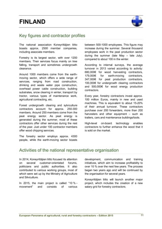 European Panorama of agricultural, rural and forestry contractors – Edition 2015
FINLAND
Key figures and contractor profiles
The national association Koneyrittäjien liitto
boasts approx. 2500 member companies,
including associate members.
Forestry is its largest sector, with over 1200
members. Their services focus mainly on tree
felling, transport and sometimes undergrowth
clearance.
Around 1000 members come from the earth-
moving sector, which offers a wide range of
services, ranging from road construction,
drinking and waste water pipe construction,
overhead power cable construction, building
substrates, snow clearing in winter, transport by
tractor, various types of maintenance work,
agricultural contracting, etc.
Forest undergrowth clearing and sylviculture
contractors account for approx. 250-300
members. Around 250 members come from the
peat energy sector. As peat energy is
generated during the summer, most of these
contractors offer other services during the rest
of the year. Just under 100 contractor members
offer wood chipping services.
The forestry sector employs approx. 4300
people, while the earth-moving sector boasts
between 500-1000 employees. This figure may
increase during the summer. Several thousand
employees work in the peat production sector
during the summer (late May – late July),
compared to about 100 in the winter.
According to internal surveys, the average
turnover in 2013 varied according to activity:
680,000€ for wood harvesting contractors,
179,000€ for earth-moving contractors,
347,000€ for peat production contractors,
100,000€ for undergrowth clearing contractors
and 500,000€ for wood energy production
contractors.
Every year, forestry contractors invest approx.
100 million Euros, mainly in new and used
machines. This is equivalent to about 15-20%
of their annual turnover. These contractors
purchase over 200 forwarders, more than 200
harvesters and other equipment – such as
trailers, cars and maintenance buildings/tools.
High-level on-board technology enables
contractors to further enhance the wood that it
is sold on the market.
Activities of the national representative organisation
In 2014, Koneyrittäjien liitto focused its attention
on several customer-orientated forums,
politicians and public authorities. It also
contributed to various working groups, most of
which were set up by the Ministry of Agriculture
and Silviculture.
In 2015, the main project is called “10 % -
movement” and consists of various
development, communication and training
initiatives, which aim to increase profitability to
over 10 % over the next few years. The process
began two years ago and will be continued by
the organisation for several years.
Koneyrittäjien liitto will launch another major
project, which includes the creation of a new
salary grid for forestry contractors.
11
 