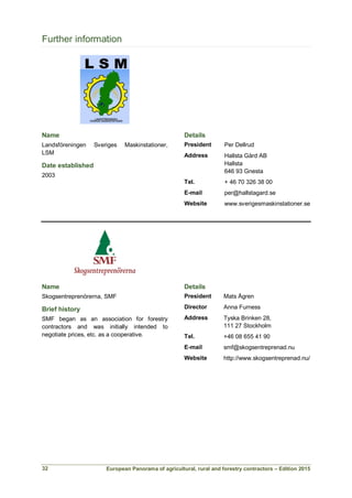 European Panorama of agricultural, rural and forestry contractors – Edition 2015
Further information
Name
Landsföreningen Sveriges Maskinstationer,
LSM
Date established
2003
Details
President Per Dellrud
Address Hallsta Gård AB
Hallsta
646 93 Gnesta
Tel. + 46 70 326 38 00
E-mail per@hallstagard.se
Website www.sverigesmaskinstationer.se
Name
Skogsentreprenörerna, SMF
Brief history
SMF began as an association for forestry
contractors and was initially intended to
negotiate prices, etc. as a cooperative.
Details
President Mats Ågren
Director Anna Furness
Address Tyska Brinken 28,
111 27 Stockholm
Tel. +46 08 655 41 90
E-mail smf@skogsentreprenad.nu
Website http://www.skogsentreprenad.nu/
32
 