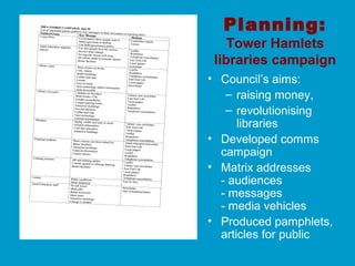 Planning:
Tower Hamlets
libraries campaign
• Council’s aims:
– raising money,
– revolutionising
libraries
• Developed comms
campaign
• Matrix addresses
- audiences
- messages
- media vehicles
• Produced pamphlets,
articles for public
 