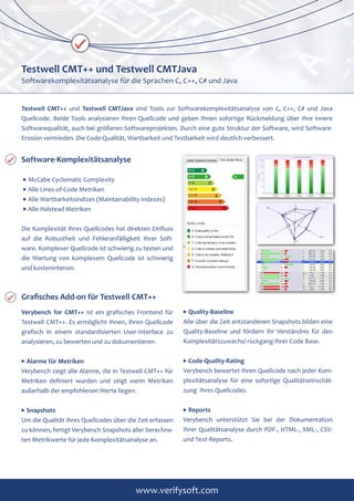 www.verifysoft.com
Testwell CMT++ und Testwell CMTJava
Softwarekomplexitätsanalyse für die Sprachen C, C++, C# und Java
Testwell CMT++ und Testwell CMTJava sind Tools zur Softwarekomplexitätsanalyse von C, C++, C# und Java
Quellcode. Beide Tools analysieren Ihren Quellcode und geben Ihnen sofortige Rückmeldung über Ihre innere
Softwarequalität, auch bei größeren Softwareprojekten. Durch eine gute Struktur der Software, wird Software-
Erosion vermieden. Die Code-Qualität, Wartbarkeit und Testbarkeit wird deutlich verbessert.
Software-Komplexitätsanalyse
u McCabe Cyclomatic Complexity
u Alle Lines-of-Code Metriken
u Alle Wartbarkeitsindizes (Maintainability Indexes)
u Alle Halstead Metriken
Die Komplexität Ihres Quellcodes hat direkten Einfluss
auf die Robustheit und Fehleranfälligkeit Ihrer Soft-
ware. Komplexer Quellcode ist schwierig zu testen und
die Wartung von komplexem Quellcode ist schwierig
und kostenintensiv.
Grafisches Add-on für Testwell CMT++
Verybench for CMT++ ist ein grafisches Frontend für
Testwell CMT++. Es ermöglicht Ihnen, Ihren Quellcode
grafisch in einem standardisierten User-Interface zu
analysieren, zu bewerten und zu dokumentieren.
u Alarme für Metriken
Verybench zeigt alle Alarme, die in Testwell CMT++ für
Metriken definiert wurden und zeigt wenn Metriken
außerhalb der empfohlenen Werte liegen.
u Snapshots
Um die Qualität Ihres Quellcodes über die Zeit erfassen
zu können, fertigt Verybench Snapshots aller berechne-
ten Metrikwerte für jede Komplexitätsanalyse an.
u Quality-Baseline
Alle über die Zeit entstandenen Snapshots bilden eine
Quality-Baseline und fördern Ihr Verständnis für den
Komplexitätszuwachs/-rückgang Ihrer Code Base.
u Code-Quality-Rating
Verybench bewertet Ihren Quellcode nach jeder Kom-
plexitätsanalyse für eine sofortige Qualitätseinschät-
zung Ihres Quellcodes.
u Reports
Verybench unterstützt Sie bei der Dokumentation
Ihrer Qualitätsanalyse durch PDF-, HTML-, XML-, CSV-
und Text-Reports.
 