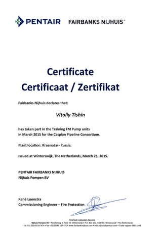 Netherlands Pentair Fairbanks Nijhuis Certificate