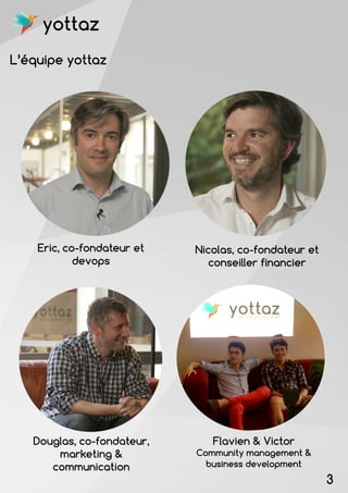 L’équipe yottaz
Nicolas, co-fondateur et
conseiller financier
Eric, co-fondateur et
devops
Douglas, co-fondateur,
marketing &
communication
Flavien & Victor
Community management &
business development
3
yottaz
 