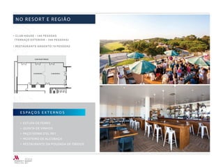 • CLUB HOUSE - 160 PESSOAS
(TERRAÇO EXTERIOR - 300 PESSOAS)
• RESTAURANTE ARGENTO 70 PESSOAS
E S PA Ç O S E X T E R N O S
• ESTUFA DE FERRO
• QUINTA DE VINHOS
• PAÇO SERRA D'EL REY
• MOSTEIRO DE ALCOBAÇA
• RESTAURANTE DA POUSADA DE ÓBIDOS
NO RESORT E REGIÃO
 