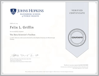 JUNE 08, 2015
Felix L. Griffin
The Data Scientist’s Toolbox
a 4 week online non-credit course authorized by Johns Hopkins University and offered through
Coursera
has successfully completed
Jeff Leek, PhD; Roger Peng, PhD; Brian Caffo, PhD
Department of Biostatistics
Johns Hopkins Bloomberg School of Public Health
Verify at coursera.org/verify/BD7UDHUBRP
Coursera has confirmed the identity of this individual and
their participation in the course.
This certificate does not confer academic credit toward a degree or official status at the Johns Hopkins University.
 