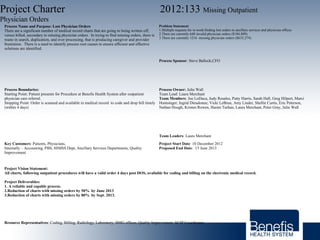 Process Name and Purpose: Lost Physician Orders
There are a significant number of medical record charts that are going to being written off,
versus billed, secondary to missing physician orders. In trying to find missing orders, there is
waste in search, duplication, and over processing, that is producing caregiver and provider
frustration. There is a need to identify process root causes to ensure efficient and effective
solutions are identified.
Problem Statement:
1.Multiple requests for re-work/finding lost orders to ancillary services and physician offices
2.There are currently 648 invalid physician orders ($184,809)
3.There are currently 1216 missing physician orders ($635,274)
Process Sponsor: Steve Ballock,CFO
Process Boundaries:
Starting Point: Patient presents for Procedure at Benefis Health System after outpatient
physician care referral.
Stopping Point: Order is scanned and available in medical record to code and drop bill timely
(within 4 days)
Process Owner: Julie Wall
Team Lead: Laura Merchant
Team Members: Joe LoDuca, Judy Rosales, Patty Harris, Sarah Hall, Greg Hilpert, Marci
Huntsinger, Ingrid Dieudonne, Vicki LeBrun, Amy Linder, Shellie Curtis, Eric Peterson,
Nathan Hough, Kristen Rowen, Hasim Turhan, Laura Merchant, Peter Gray, Julie Wall
Team Leaders: Laura Merchant
Key Customers: Patients, Physicians,
Internally – Accounting, PBS, HIMSS Dept, Ancillary Services Departments, Quality
Improvement
Project Start Date: 10 December 2012
Proposed End Date: 15 June 2013
Project Vision Statement:
All charts, following outpatient procedures will have a valid order 4 days post DOS, available for coding and billing on the electronic medical record.
Project Deliverables:
1. A reliable and capable process.
2.Reduction of charts with missing orders by 50% by June 2013
3.Reduction of charts with missing orders by 80% by Sept. 2013.
Resource Representatives: Coding, Billing, Radiology, Laboratory, BMG offices, Quality Improvement -SCIP Coordinator
Project Charter 2012:133 Missing Outpatient
Physician Orders
 