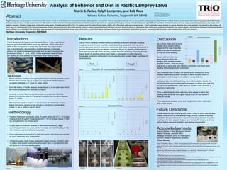 Analysis of Behavior and Diet in Pacific Lamprey Larva
Yakama Nation Fisheries, Toppenish WA 98948
Mario S. Farias, Ralph Lampman, and Bob Rose
Introduction Results
Call of Concern
Discussion
Image sources:
1. Washington Department of Ecology, Retrieved from;
http://www.oregonlive.com/environment/index.ssf/2010/02/environmental_group_says_mile-.html on September 08, 2012
2. Washington Department of Ecology, Retrieved from;
http://www.ecy.wa.gov/programs/wq/tmdl/ColumbiaRvr/ColumbiaTDG.html on September 08, 2012
3. Brent Wojahn/The Oregonian, Retrieved from
http://www.oregonlive.com/business/index.ssf/2010/04/columbia_river_dredging_ends_t.html on September 08, 2012
4. Public Domain Image, Retrieved from http://www.public-domain-image.com/fauna-animals-public-domain-images-
pictures/fishes-public-domain-images-pictures/lamprey-fishes-pictures/adult-pacific-lamprey.jpg.html on September 08,
20121. Washington Department of Ecology2. Washington Department of Ecology3. Brent Wojahn/The Oregonian
Special thanks to Nina Barcenas, Yakima
Nation Fisheries, and NSF-REU
Heritage University 2012 for making this
summer research experience possible.
Cited Works:
Future Directions:
Future research may include growth trials in order to affirm detritus as a
reliable food source as well as examining lamprey outside of feeding
substrates for particle ingestion. Continued lamprey research may help
ongoing restoration projects to grow and rear pacific lamprey and help
restore Native American traditions and fishing opportunities.
Acknowledgements:
Contact Information:
Mario S. Farias: fariasm1@heritage.edu
Ralph Lampman: lamr@yakamafish-nsn.gov
Bob Rose: rosb@yakamafish-nsn.gov
Close, D., Fitzpatrick, M., & Li, H. (2002). The Ecological and Cultural Importance of a Species at Risk of Extinction,
Pacific Lamprey. Fisheries Management, 1(July 2002), 19-25. Retrieved June 21, 2012, from
Moser, M., & Close, D. (2003). Assessing Pacific Lamprey Status in the Columbia River Basin. Northwest Science, 77(2),
116-124.
Schwab, I.R, & Collin, S.P, (2005). Are you calling me primitive?. British Journal of Ophthalmology, 89(2), 1553.
Species Fact Sheet Pacific lamprey Lampetra tridentate. (n.d.). www.fws.gov. Retrieved August 7, 2012, from
http://www.fws.gov/wafwo/species/Fact%20sheets/Pacific_lamprey_final.pdf
Figure 3
Figure 10
• Pacific lamprey numbers have rapidly declined in the past decades due to
Human Disturbances (figure 3) (Species Fact Sheet Pacific lamprey
Lampetra tridentate, n.d; Close, D., et al.,2002).
• Early life history of Pacific lamprey larvae (figure 2) is not well know which
can inhibit progression of restoration projects.
• Lamprey currently face many unfavorable circumstances including
oceanic conditions, decline of prey, and predation by nonnative species
(Luke, P., 2009).
• This has had negative impacts on the customs and traditions of many
Native Americans causing a loss of culture and fishing opportunities
(Close, D., et al., 2002; Luke, P., 2010)
• Feeding trials were conducted using 10-gallon tanks (20 x 11 x 12 inches)
(Figure 6) and 83-gallon trough tanks (200 x 16 x 6 inches) (figure 7) with
six compartments (32 inches each).
• In each tank six different varieties of feed including detritus, algae
(spirulina), plankton, dry yeast, salmon carcass, and hatch fry (figure 10)
were tested using food diffusing substrates.
• Food substrates (composed of a perti-dish, sand , and feed) were spread
an equal distances from one another.
• 100 ammocoetes were initially dispersed in each through and 50 in each
10 gallon tank spread evenly throughout each tank or compartment and
left alone for a 24-hour feeding period.
Methodology
Larval Pacific Lamprey showed little to no feeding preference amongst the large
trough tanks and showed very little variability among substrates. Over all more
ammocetes were found in the control substrates and those containing detritus with a
greater numbers favoring the detritus substrates (figure 4). Results varied between
tanks and troughs with tanks showing greater amounts of activity. Troughs showed
higher levels of variation among most feeds in comparison to tanks (figure 5) .
Substrates containing detritus and control were found to contain higher quantities of
larval lamprey.
Figure 6 Figure 7
• As a whole, trials tend to show
greater favor toward detritus
(figure 8).This may imply that
detritus is a favorable source
of food for larval lamprey.
• Suspended particles may
have played a role in the
feeding trials as ammocoetes
are filter feeders. This may imply
that larvae in sand near food diffusing substrates may have been
feeding without entering the substrates.
• Tank size was seen to affect the results as the smaller fish tanks
showed significantly greater numbers of larval lamprey found in
substrates over the tough tanks (220 in2 versus 533 in2).
• Lampreys day and night cycle may have influenced the results. For
the duration of the experiment lights remained on in the room with the
trough tanks while the ten gallon tanks in another room received a
day and a night cycle.
• Time is another factor which also may have played a role in the
feeding trials as larvae were given only a short 24 hour period in
which to burrow.
• Flow rate varied between tanks and trough tanks which may have
also varied results.
0.40%
0.33%
1.73%
0.53%
0.27%
0.93%
3.27%
0.00%
0.50%
1.00%
1.50%
2.00%
2.50%
3.00%
3.50%
Yeast Plankton Control Spirulina Hatch Fry Salmon Detritus
Total Percent Found in Substrate
Yeast
Plankton
Control
Spirulina
Hatch Fry
Salmon
Detritus
NumberofLamprey
NumberofLamprey
NumberofLamprey
NumberofLamprey
Figure 8
0
1
1
2
2
3
3
4
4
yeast plankton control spirulina hatchfry salmon detritus
mean+se
mean
mean-se
0
1
1
2
2
3
yeast plankton control spirulina hatchfry salmon detritus
mean+se
mean
mean-se
Figure 5 Standard Error
Figure 4 Number of Ammocoetes Found in Substrates
Tank Trough
Pacific lampreys are prehistoric anadromous fish which reside in both fresh and salt water habitats. Although this ancient fish has an important cultural role for many of the native tribes in the Western United States, much basic information regarding their life history
still remains unknown. In this experiment we attempted to determine the feeding habits of larval Pacific lamprey (primarily 0+ age class) through a series of feeding trials using 5 different varieties of feed including detritus, algae (spirulina), plankton, dry yeast, and
salmon carcass. Feeding trials were conducted using large 10-gallon tanks (20 x 11 x 12 inches) and 83-gallon trough tanks (200 x 16 x 6 inches) with six compartments. Food substrates were spread an equal distance from one another and placed at the bottom of
each tank or compartment. 100 ammocoetes were initially dispersed evenly throughout each various tanks/compartment and left for a 24-hour feeding period to determine their behavioral preference towards the various feeds. Information obtained from these feeding
trials will help us understand the biological requirements of the newly hatched larvae and will provide crucial information for many of the ongoing lamprey restoration projects, including artificial rearing and translocation of Pacific lamprey.
Heritage University Toppenish WA 98948
Figure 1 Figure 24. Public Domain Image
Pacific lampreys (Entosphenus tridentatus) (figure 1) are a prehistoric
species going back 450 million years ago (Schwab, I.R, & Collin, S.P.,
2005 )In the ecosystems in which they are found, they play a major
role in facilitating the decomposition and the retention of biomass
allowing for organic materials to circulate and be used throughout the
ecosystem (Close, D., et al., 2002). In this experiment feeding trials
are carried out in an attempt to understand larval feeding habits.
Abstract
Figure 3
0
1
2
3
4
5
6
7
8
9
10
yeast plankton control spirulina hatchfry salmon detritus
q1
min
median
max
q3
0
2
4
6
8
10
12
yeast plankton control spirulina hatchfry salmon detritus
q1
min
median
max
q3
 