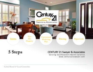 Global Brand & Local Connections
5 Steps
Tour
The
Property
Intro
Customized
Marketing
Plan
Pricing Paperwork
CENTURY 21 Sweyer & Associates
S e r v i n g S o u t h e a s t e r n N o r t h C a r o l i n a
w w w. c e n t u r y 2 1 s w e y e r. c o m
Global Brand & Local Connections
 