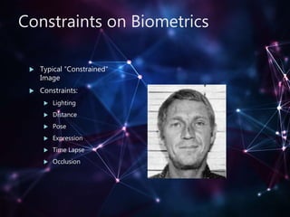 Constraints on Biometrics
 Typical “Constrained”
Image
 Constraints:
 Lighting
 Distance
 Pose
 Expression
 Time Lapse
 Occlusion
 