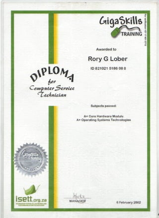 TRAINING s
Awarded to
Rory G Lober
ID 8210215186088
Subjects passed:
A+ Core Hardware Module
A+ Operating Systems Technologies
H.*
MANAG§S 6 February 2002
 