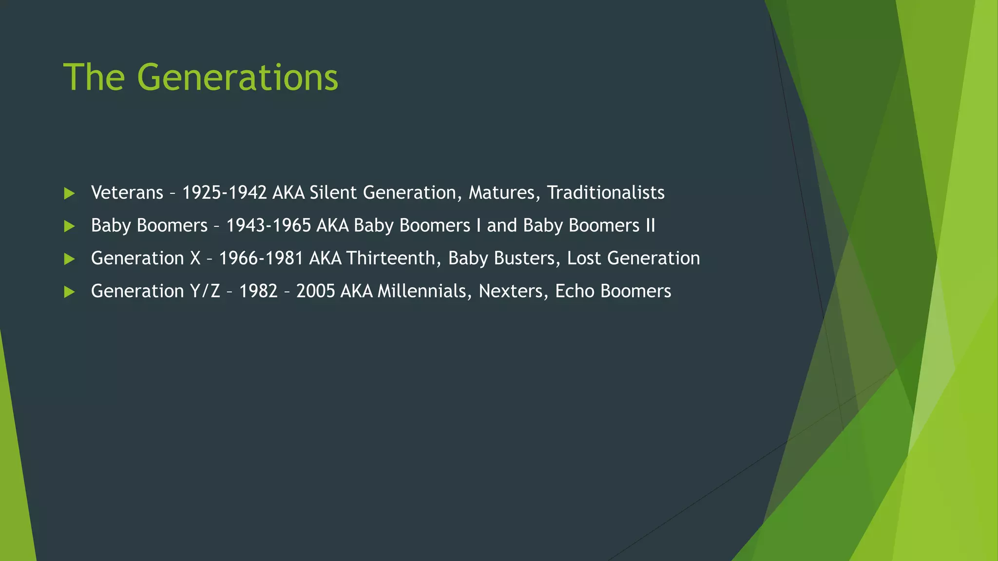 The Generations
 Veterans – 1925-1942 AKA Silent Generation, Matures, Traditionalists
 Baby Boomers – 1943-1965 AKA Baby Boomers I and Baby Boomers II
 Generation X – 1966-1981 AKA Thirteenth, Baby Busters, Lost Generation
 Generation Y/Z – 1982 – 2005 AKA Millennials, Nexters, Echo Boomers
 