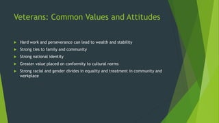 Veterans: Common Values and Attitudes
 Hard work and perseverance can lead to wealth and stability
 Strong ties to family and community
 Strong national identity
 Greater value placed on conformity to cultural norms
 Strong racial and gender divides in equality and treatment in community and
workplace
 