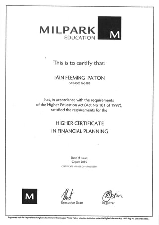 Higher Certificate in Financial Planning - I F Paton.