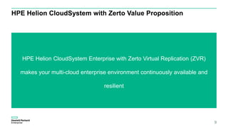 HPE Helion CloudSystem with Zerto Value Proposition
HPE Helion CloudSystem Enterprise with Zerto Virtual Replication (ZVR)
makes your multi-cloud enterprise environment continuously available and
resilient
9
 
