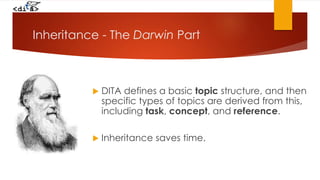 Inheritance - The Darwin Part
 DITA defines a basic topic structure, and then
specific types of topics are derived from this,
including task, concept, and reference.
 Inheritance saves time.
 