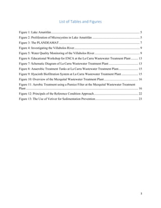 3
List of Tables and Figures
Figure 1: Lake Amatitlán................................................................................................................ 5
Figure 2: Proliferation of Microcystins in Lake Amatitlán ............................................................ 5
Figure 3: The PLANDEAMAT ...................................................................................................... 7
Figure 4: Investigating the Villabolos River................................................................................... 9
Figure 5: Water Quality Monitoring of the Villabolos River ......................................................... 9
Figure 6: Educational Workshop for ENCA at the La Carra Wastewater Treatment Plant ......... 13
Figure 7: Schematic Diagram of La Carra Wastewater Treatment Plant ..................................... 13
Figure 8: Anaerobic Treatment Tanks at La Carra Wastewater Treatment Plant......................... 15
Figure 9: Hyacinth Biofiltration System at La Carra Wastewater Treatment Plant ..................... 15
Figure 10: Overview of the Mezquital Wastewater Treatment Plant ........................................... 16
Figure 11: Aerobic Treatment using a Pumice Filter at the Mezquital Wastewater Treatment
Plant .............................................................................................................................................. 16
Figure 12: Principals of the Reference Condition Approach........................................................ 22
Figure 13: The Use of Vetiver for Sedimentation Prevention...................................................... 23
 