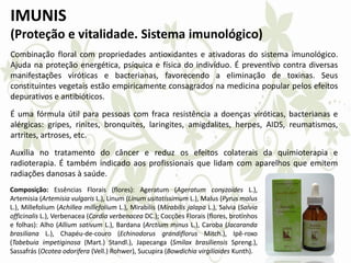 IMUNIS
(Proteção e vitalidade. Sistema imunológico)
Combinação floral com propriedades antioxidantes e ativadoras do sistema imunológico.
Ajuda na proteção energética, psíquica e física do indivíduo. É preventivo contra diversas
manifestações viróticas e bacterianas, favorecendo a eliminação de toxinas. Seus
constituintes vegetais estão empiricamente consagrados na medicina popular pelos efeitos
depurativos e antibióticos.
É uma fórmula útil para pessoas com fraca resistência a doenças viróticas, bacterianas e
alérgicas: gripes, rinites, bronquites, laringites, amigdalites, herpes, AIDS, reumatismos,
artrites, artroses, etc.
Auxilia no tratamento do câncer e reduz os efeitos colaterais da quimioterapia e
radioterapia. É também indicado aos profissionais que lidam com aparelhos que emitem
radiações danosas à saúde.
Composição: Essências Florais (flores): Ageratum (Ageratum conyzoides L.),
Artemisia (Artemisia vulgaris L.), Linum (Linum usitatissimum L.), Malus (Pyrus malus
L.), Millefolium (Achillea millefolium L.), Mirabilis (Mirabilis jalapa L.), Salvia (Salvia
officinalis L.), Verbenacea (Cordia verbenacea DC.); Cocções Florais (flores, brotinhos
e folhas): Alho (Allium sativum L.), Bardana (Arctium minus L.), Caroba (Jacaranda
brasiliana L.), Chapéu-de-couro (Echinodorus grandiflorus Mitch.), Ipê-roxo
(Tabebuia impetiginosa (Mart.) Standl.), Japecanga (Smilax brasiliensis Spreng.),
Sassafrás (Ocotea odorifera (Vell.) Rohwer), Sucupira (Bowdichia virgilioides Kunth).
 