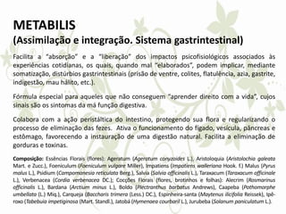 METABILIS
(Assimilação e integração. Sistema gastrintestinal)
Facilita a “absorção” e a “liberação” dos impactos psicofisiológicos associados às
experiências cotidianas, os quais, quando mal “elaborados”, podem implicar, mediante
somatização, distúrbios gastrintestinais (prisão de ventre, colites, flatulência, azia, gastrite,
indigestão, mau hálito, etc.).
Fórmula especial para aqueles que não conseguem “aprender direito com a vida”, cujos
sinais são os sintomas da má função digestiva.
Colabora com a ação peristáltica do intestino, protegendo sua flora e regularizando o
processo de eliminação das fezes. Ativa o funcionamento do fígado, vesícula, pâncreas e
estômago, favorecendo a instauração de uma digestão natural. Facilita a eliminação de
gorduras e toxinas.
Composição: Essências Florais (flores): Ageratum (Ageratum conyzoides L.), Aristoloquia (Aristolochia galeata
Mart. e Zucc.), Foeniculum (Foeniculum vulgare Miller), Impatiens (Impatiens walleriana Hook. f.) Malus (Pyrus
malus L.), Psidium (Campomanesia reticulata Berg.), Salvia (Salvia officinalis L.), Taraxacum (Taraxacum officinale
L.), Verbenacea (Cordia verbenacea DC.); Cocções Florais (flores, brotinhos e folhas): Alecrim (Rosmarinus
officinalis L.), Bardana (Arctium minus L.), Boldo (Plectranthus barbatus Andrews), Caapeba (Pothomorphe
umbellata (L.) Miq.), Carqueja (Baccharis trimera (Less.) DC.), Espinheira-santa (Maytenus ilicifolia Reissek), Ipê-
roxo (Tabebuia impetiginosa (Mart. Standl.), Jatobá (Hymenaea courbaril L.), Jurubeba (Solanum paniculatum L.).
 