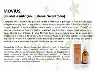 MOVIUS
(Fluidez e nutrição. Sistema circulatório)
Complexo floral balanceado para dinamizar, harmonizar e proteger as vias de circulação
energética e sanguínea do organismo, favorecendo as propriedades fluídicas da alma e do
sangue. Segundo a medicina chinesa tradicional, tem ação tonificante sobre o “nadis”, um
sistema complexo de “veias e artérias etéricas” que interliga o corpo espiritual ao corpo
físico através dos chacras. É uma fórmula floral recomendada para as pessoas com
propensão à formação de varizes e hemorroidas. Ajuda na perfeita nutrição e oxigenação
dos tecidos. Auxilia no tratamento dos distúrbios circulatórios e inflamatórios em geral, e
nas labirintites e enfraquecimento da memória, em particular.
Composição: Essências Florais (flores): Anil (Indigofera anil L.), Foeniculum
(Foeniculum vulgare Miller), Lavandula (Lavandula vera DC.), Rosmarinus
(Rosmarinus officinalis L.), Taraxacum (Taraxacum officinale L.); Cocções Florais
(flores, brotinhos e folhas): Alecrim (Rosmarinus officinalis L.), Caapeba
(Pothomorphe umbellata (L.) Miq.), Cavalinha (Equisetum giganteum L.), Funcho
(Foeniculum vulgare Miller), Ipê-roxo (Tabebuia impetiginosa (Mart.) Standl.),
Persicária (Polygonum hydropiperoides Michx.).
 