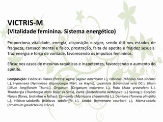 VICTRIS-M
(Vitalidade feminina. Sistema energético)
Proporciona vitalidade, energia, disposição e vigor, sendo útil nos estados de
fraqueza, cansaço mental e físico, prostração, falta de apetite e frigidez sexuais.
Traz energia e força de vontade, favorecendo os impulsos femininos.
Eficaz nos casos de meninas raquíticas e inapetentes, favorecendo o aumento do
apetite.
Composição: Essências Florais (flores): Agave (Agave americana L.), Hibiscus (Hibiscus rosa-sinensis
L.), Hymenaea (Hymenaea stigonocarpa Mart. ex Hayne), Lavandula (Lavandula vera DC.), Lilium
(Lilium longiflorum Thunb.), Origanum (Origanum majorana L.), Ruta (Ruta graveolens L.),
Thunbergia (Thunbergia alata Bojer ex Sims), Zante (Zantedeschia aethiopica (L.) Spreng.); Cocções
Florais (flores, brotinhos e folhas): Camomila (Matricaria chamomilla L.), Damiana (Turnera ulmifolia
L.), Hibisco-sabdarifa (Hibiscus sabdariffa L.), Jatobá (Hymenaea courbaril L.), Mama-cadela
(Brosimum gaudichaudii Trécul).
 