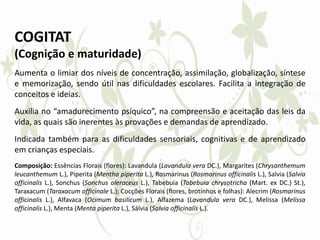 COGITAT
(Cognição e maturidade)
Aumenta o limiar dos níveis de concentração, assimilação, globalização, síntese
e memorização, sendo útil nas dificuldades escolares. Facilita a integração de
conceitos e ideias.
Auxilia no “amadurecimento psíquico”, na compreensão e aceitação das leis da
vida, as quais são inerentes às provações e demandas de aprendizado.
Indicada também para as dificuldades sensoriais, cognitivas e de aprendizado
em crianças especiais.
Composição: Essências Florais (flores): Lavandula (Lavandula vera DC.), Margarites (Chrysanthemum
leucanthemum L.), Piperita (Mentha piperita L.), Rosmarinus (Rosmarinus officinalis L.), Salvia (Salvia
officinalis L.), Sonchus (Sonchus oleraceus L.), Tabebuia (Tabebuia chrysotricha (Mart. ex DC.) St.),
Taraxacum (Taraxacum officinale L.); Cocções Florais (flores, brotinhos e folhas): Alecrim (Rosmarinus
officinalis L.), Alfavaca (Ocimum basilicum L.), Alfazema (Lavandula vera DC.), Melissa (Melissa
officinalis L.), Menta (Menta piperita L.), Sálvia (Salvia officinalis L.).
 