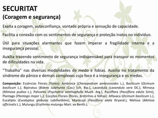 SECURITAT
(Coragem e segurança)
Exalta a coragem, autoconfiança, vontade própria e sensação de capacidade.
Facilita a conexão com os sentimentos de segurança e proteção inatos no indivíduo.
Útil para situações alarmantes que fazem imperar a fragilidade interna e a
insegurança pessoal.
Auxilia trazendo sentimento de segurança indispensável para transpor os momentos
de dificuldades na vida.
“Trabalha” nas diversas modalidades de medo e fobias. Auxilia no tratamento da
síndrome do pânico e demais complexos cujo foco é a insegurança e os medos.
Composição: Essências Florais (flores): Ambrosia (Chenopodium ambrosioides L.), Basilicum (Ocimum
basilicum L.), Bipinatus (Bidens sulphurea (Cav.) Sch. Bip.), Lavandula (Lavandula vera DC.), Mimosa
(Mimosa pudica L.), Palicores (Psychotria xanthophylla Muell. Arg.), Passiflora (Passiflora edulis Sims),
Plantago (Plantago major L.); Cocções Florais (flores, brotinhos e folhas): Alfavaca (Ocimum basilicum L.),
Eucalipto (Eucalyptus globulus Labillardière), Maracujá (Passiflora alata Dryand.), Melissa (Melissa
officinalis L.), Mulungu (Erythrina mulungu Mart. ex Benth.).
 