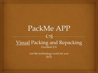 Visual Packing and Repacking
Excellent UX
Let the technology work for you
(IoT)
 