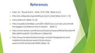 References
 Clee, DJ. “Royal Dutch – Shell: 1919-1946” [Slide 5,6,7]
 http://en.wikipedia.org/wiki/Royal_Dutch_Shell [Slide 2,3,4,11,13]
 www.shell.com [Slide 10,12]
 http://royaldutchshellplc.com/2011/03/31/you-can-be-sure-of-shell-
the-biggest-confidence-trick-in-history/ [Slide 7]
 http://www.reuters.com/finance/stocks/companyOfficers?symbol=R
DSb.L&WTmodLOC=C4-Officers-5 [Slide 8,9]
 http://www.londonstockexchange.com/exchange/prices-and-
markets/stocks/prices-search/stock-prices-
search.html?nameCode=RDSA [Slide 13]
15
 