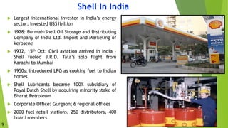 25
Shell In India
 Largest international investor in India’s energy
sector: Invested US$1billion
 1928: Burmah-Shell Oil Storage and Distributing
Company of India Ltd. Import and Marketing of
kerosene
 1932, 15th Oct: Civil aviation arrived in India –
Shell fueled J.R.D. Tata’s solo flight from
Karachi to Mumbai
 1950s: Introduced LPG as cooking fuel to Indian
homes
 Shell Lubricants became 100% subsidiary of
Royal Dutch Shell by acquiring minority stake of
Bharat Petroleum
 Corporate Office: Gurgaon; 6 regional offices
 2000 fuel retail stations, 250 distributors, 400
board members
9
 