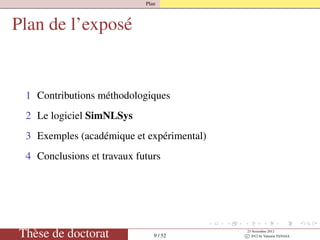 Plan
Plan de l’exposé
1 Contributions méthodologiques
2 Le logiciel SimNLSys
3 Exemples (académique et expérimental)
4 Conclusions et travaux futurs
Thèse de doctorat 9 / 52
23 Novembre 2012
c 2012 by Valentin TANASA
 