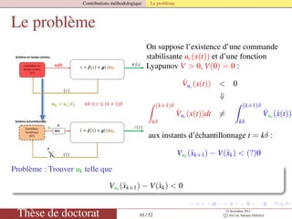 Contributions méthodologique Le problème
Le problème
࢛࢑ = ࢛ࢉሺ࢚ሻ, ݇ߜ ≤ ‫ݐ‬ ≤ ሺ݇ + 1ሻߜ	
Schéma en temps continu
ሺ࢞ሻ
Schéma échantillonnée
uc(t) V (x)Contrôleur en
temps continu
(CT)
࢞ሶ = ࢌሺ࢞ሻ + ࢍሺ࢞ሻ࢛ࢉ
δδδδ
ሺ࢞෥ሻ
uk ࢂሺ࢞෥ሻContrôleur
numérique
(DT)
࢞෥ሶ = ࢌሺ࢞෥ሻ + ࢍሺ࢞෥ሻ࢛࢑BOZ
δδδδ
On suppose l’existence d’une commande
stabilisante uc(x(t)) et d’une fonction
Lyapunov V > 0, V(0) = 0 :
˙Vuc
(x(t)) < 0
⇓
(k+1)δ
kδ
˙Vuc
(x(t))dt =
(k+1)δ
kδ
˙Vuk
(˜x(t))d
aux instants d’échantillonnage t = kδ :
Vuk
(˜xk+1) − V(˜xk) < (?)0
Problème : Trouver uk telle que
Vuk
(˜xk+1) − V(˜xk) < 0
Thèse de doctorat 10 / 52
23 Novembre 2012
c 2012 by Valentin TANASA
 