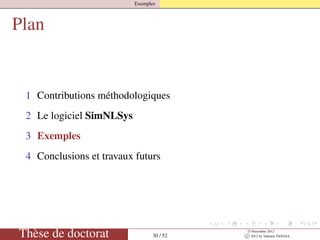 Exemples
Plan
1 Contributions méthodologiques
2 Le logiciel SimNLSys
3 Exemples
4 Conclusions et travaux futurs
Thèse de doctorat 30 / 52
23 Novembre 2012
c 2012 by Valentin TANASA
 