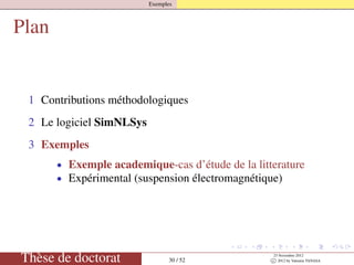 Exemples
Plan
1 Contributions méthodologiques
2 Le logiciel SimNLSys
3 Exemples
• Exemple academique-cas d’étude de la litterature
• Expérimental (suspension électromagnétique)
Thèse de doctorat 30 / 52
23 Novembre 2012
c 2012 by Valentin TANASA
 