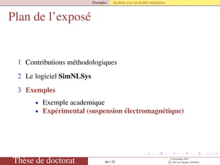 Exemples Système avec un double intégrateur
Plan de l’exposé
1 Contributions méthodologiques
2 Le logiciel SimNLSys
3 Exemples
• Exemple academique
• Expérimental (suspension électromagnétique)
Thèse de doctorat 40 / 52
23 Novembre 2012
c 2012 by Valentin TANASA
 