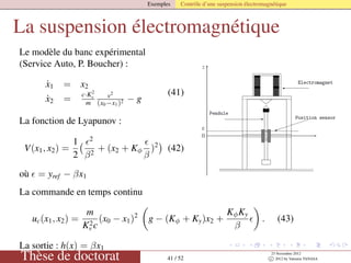 Exemples Contrôle d’une suspension électromagnétique
La suspension électromagnétique
Le modèle du banc expérimental
(Service Auto, P. Boucher) :
˙x1 = x2
˙x2 =
c·K2
v
m
v2
(x0−x1)2 − g
(41)
La fonction de Lyapunov :
V(x1, x2) =
1
2
2
β2
+ (x2 + Kφ
β
)2
(42)
où = yref − βx1
La commande en temps continu
uc(x1, x2) =
m
K2
v c
(x0 − x1)2
g − (Kφ + Ky)x2 +
KφKy
β
. (43)
La sortie : h(x) = βx1
Thèse de doctorat 41 / 52
23 Novembre 2012
c 2012 by Valentin TANASA
 