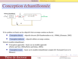 Introduction Méthodologies de conception
Conception échantillonnée

x(t)
BOZ
Contrôler en
temps discret
Contrôler en
temps discret
x(k)
Schéma en temps discret
Schéma échantillonné
Si la synthèse est basée sur les objectifs ﬁxés en temps continu ou discret :
• Conception directe - objectifs discrets [Di Giamberardino et al., 1996b], [Gennaro, 2002]
• Conception indirecte - objectifs déﬁnis en temps continu ;
Selon le modèle échantillonné :
• Conception approchée - basée sur un modèle approché
([Neši´c and Teel, 2004],[Neši´c and Grüne, 2005])
• Conception exacte - basée sur le modèle échantillonné complet (D. Normand-Cyrot et S.
Monaco)
Thèse de doctorat 7 / 52
23 Novembre 2012
c 2012 by Valentin TANASA
 
